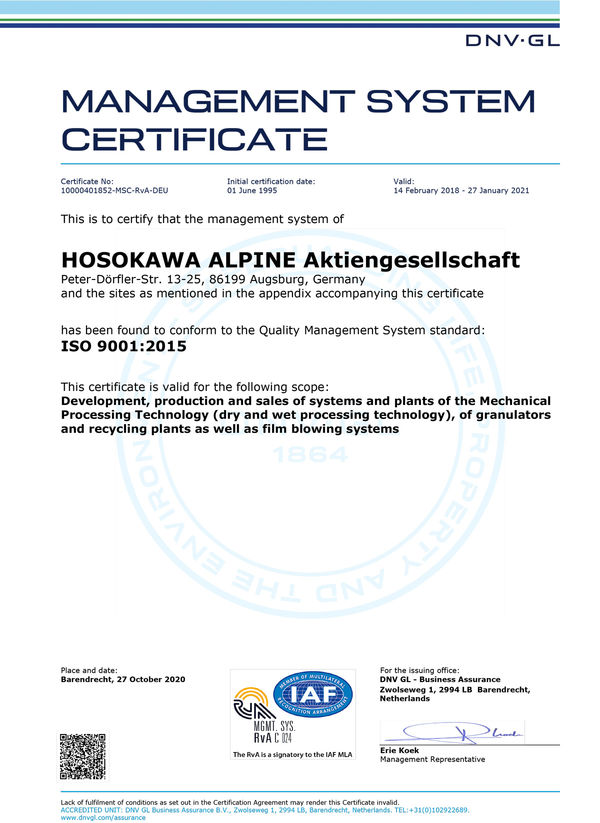  Certyfikat Hosokawa Alpine ISO 9001
