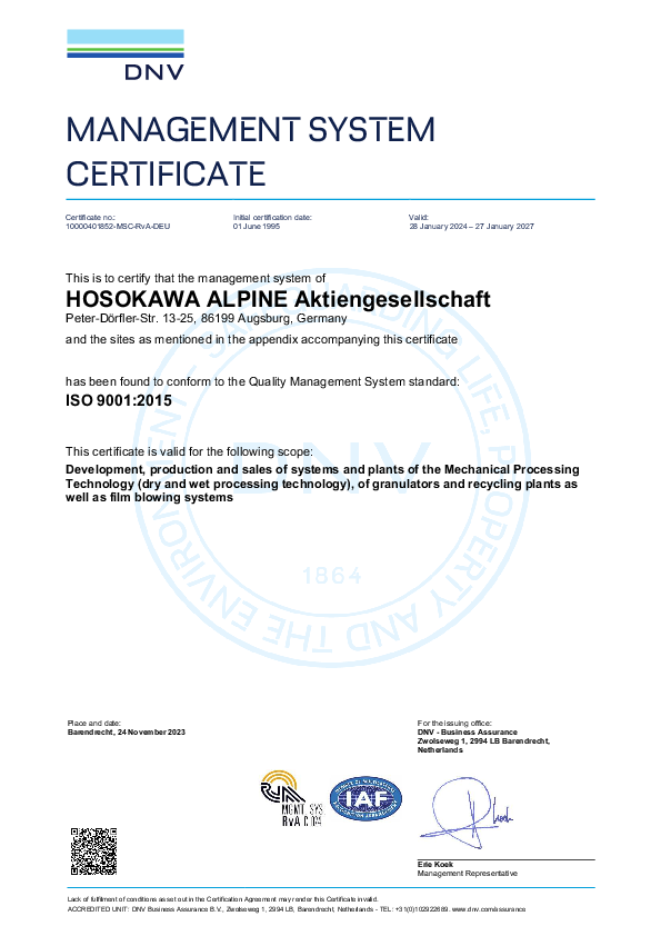 Certyfikat systemu zarządzania ISO 9001:2015 dla Hosokawa Alpine.